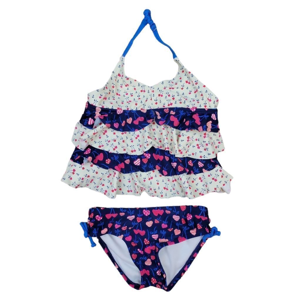 Kiko & Max Pink and Blue Cherry Print Halter Top Tankini Size 4T